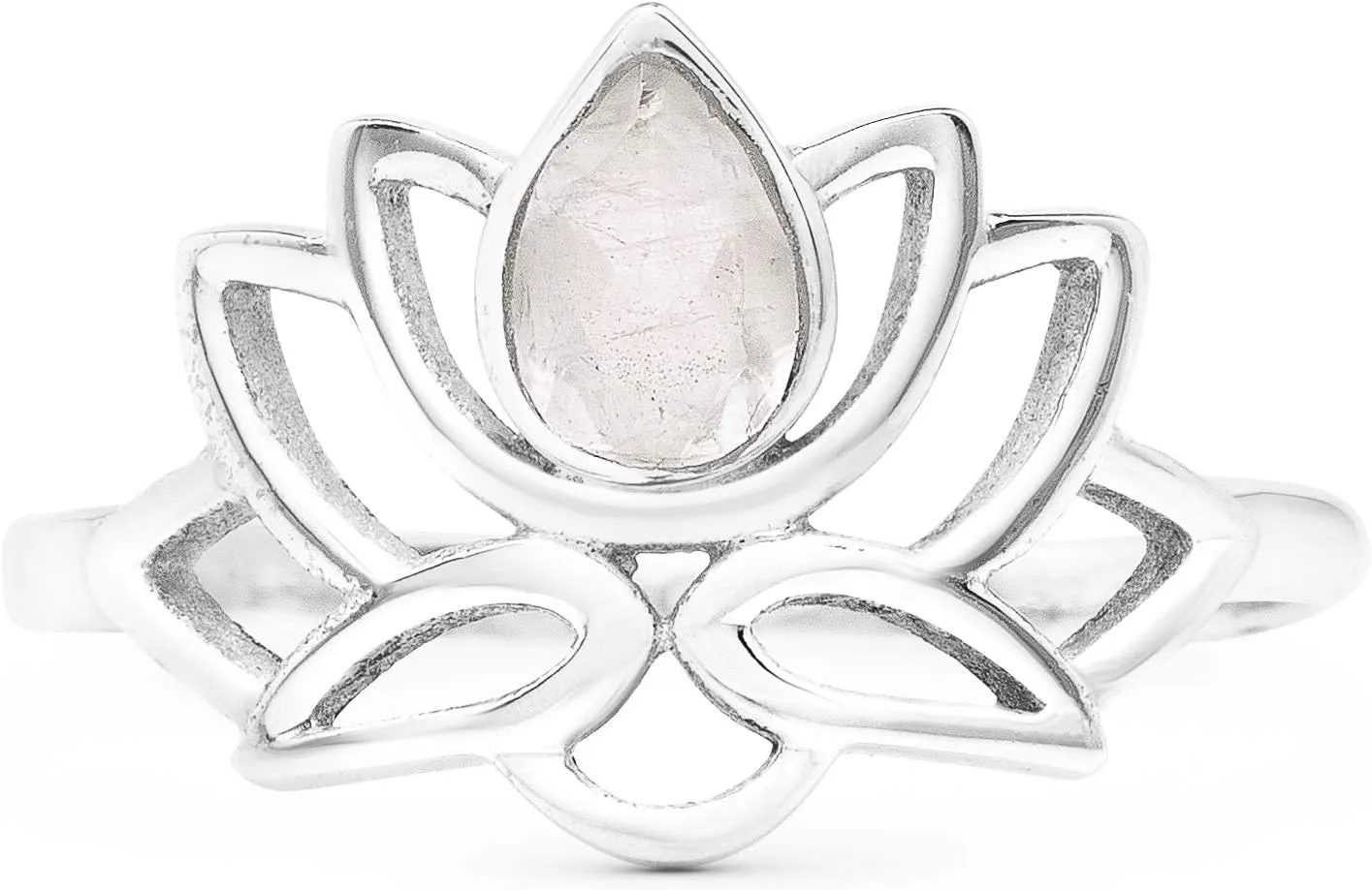 Cut Pear Moonstone Lotus 925 Sterling Silver Ring - Delicate BOHO Chic Jewelry - Fashionable and Stylish for Women with Velvet Gift Bag - Made by Indian Artisans - Size 5-10