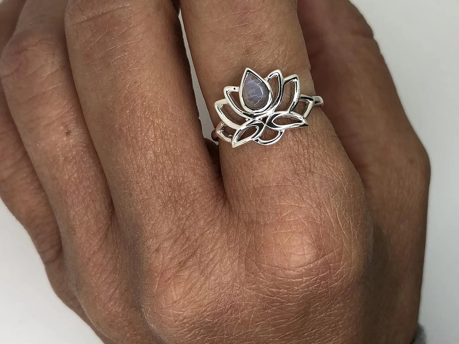 Cut Pear Moonstone Lotus 925 Sterling Silver Ring - Delicate BOHO Chic Jewelry - Fashionable and Stylish for Women with Velvet Gift Bag - Made by Indian Artisans - Size 5-10