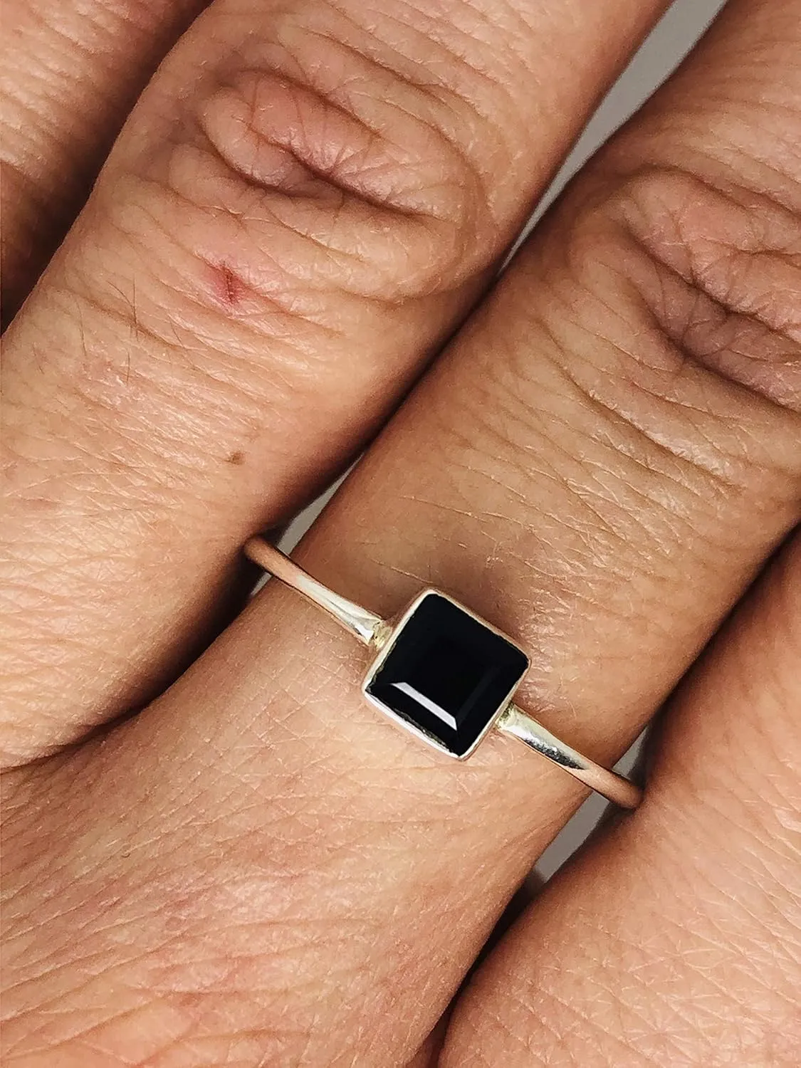 Cut Square Black Onyx 925 Sterling Silver Ring - Delicate BOHO Chic Jewelry - Fashionable and Stylish for Women with Velvet Gift Bag - Made by Indian Artisans - Size 5-10