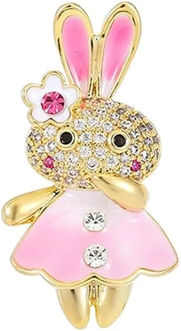 Cute Crystal Rabbit Brooch Pin for Daughter Niece Gold Plated Rhinestone Enamel Tiny Cartoon Bunny Animal Brooches Lapel Pins Dainty Easter Birthday Dress Accessories Jewelry