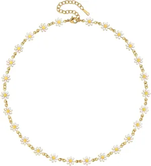 Cute Flower Necklace for Women 18K Gold Plated Dainty Daisy Flower Pearl Choker Necklace for Women