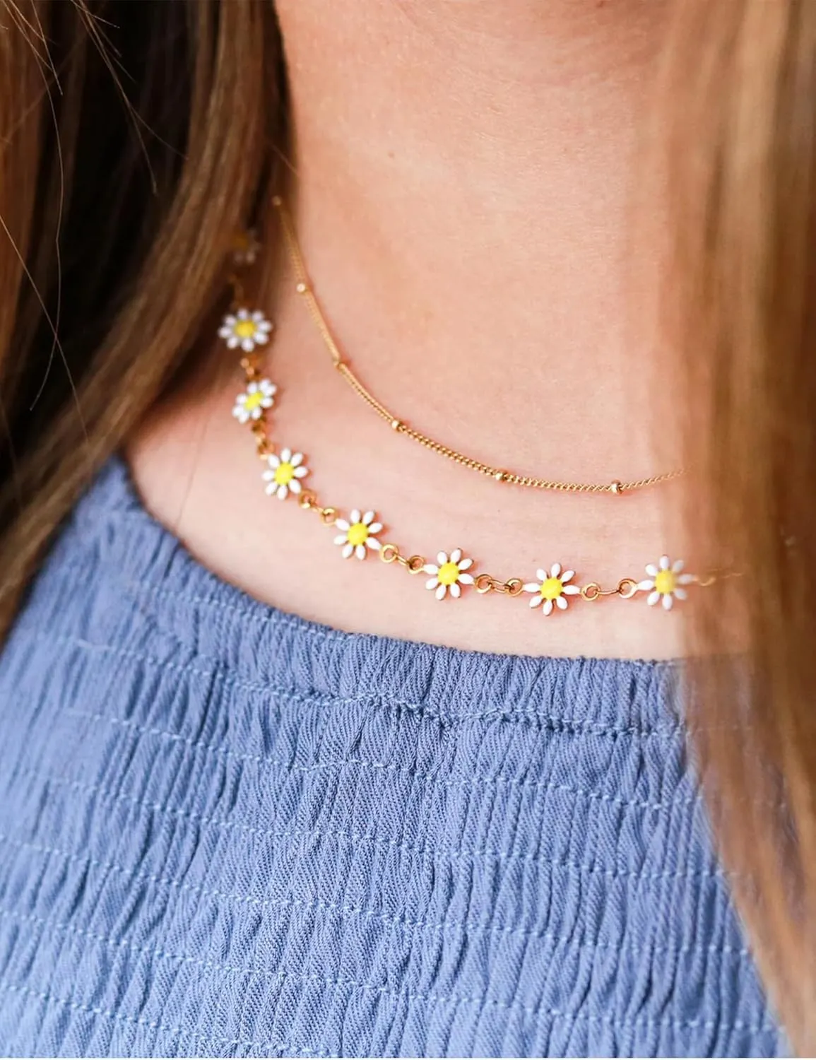 Cute Flower Necklace for Women 18K Gold Plated Dainty Daisy Flower Pearl Choker Necklace for Women