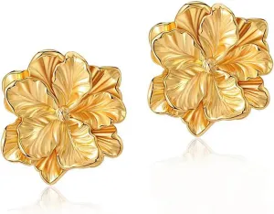 Dainty 14K Gold Double Flower Drop Dangle Earrings for Women,Striking Statement Large Floral Stud Earrings,Stylish Prom Birthday Jewelry Gifts