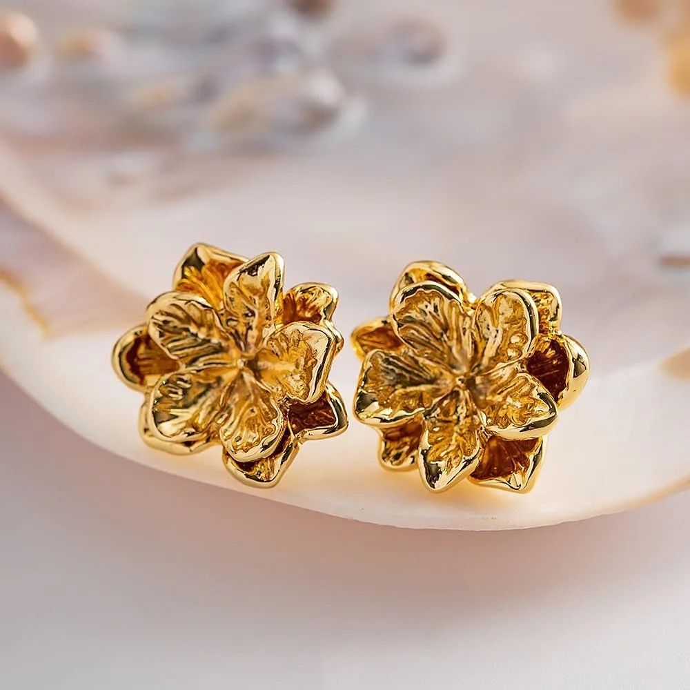 Dainty 14K Gold Double Flower Drop Dangle Earrings for Women,Striking Statement Large Floral Stud Earrings,Stylish Prom Birthday Jewelry Gifts