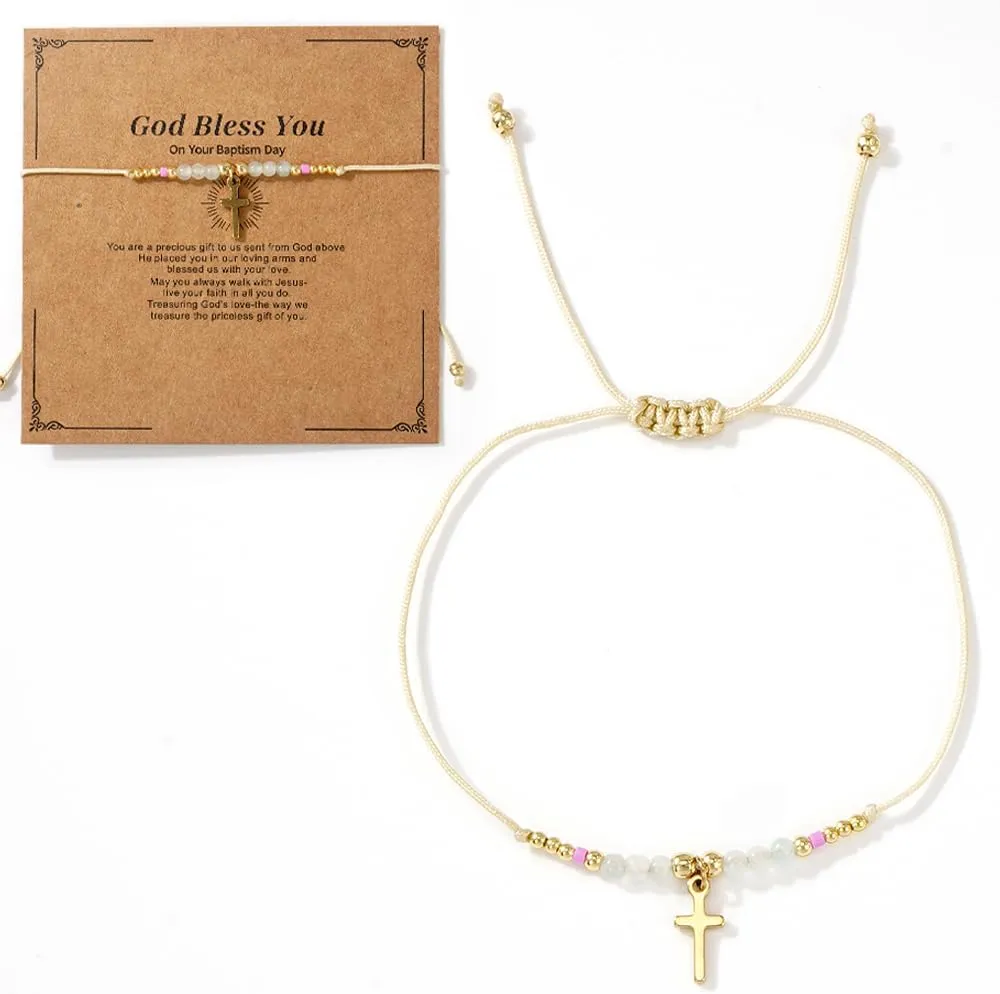 Dainty Cross Blessing Natural Crystal Bracelet for women,Handmade Boho Braided String Cross Bracelet Statement Minimalism Religious Gift Friendship Christian