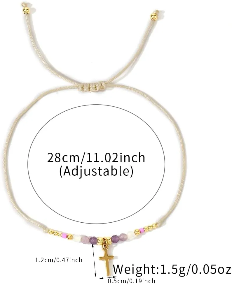 Dainty Cross Blessing Natural Crystal Bracelet for women,Handmade Boho Braided String Cross Bracelet Statement Minimalism Religious Gift Friendship Christian