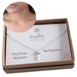 Dainty Cross Necklace for Women, 925 Sterling Silver Tiny Cross Pendant, Christian Small Simple Baptism, Confirmation, Graduation Gift, Austin Down to Earth (Petite Cross, 16-18 inch adj length)
