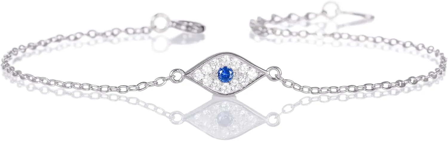 Dainty Evil Eye Bracelet in 925 Sterling Silver for Women, Silver, Yellow Gold, or Rose Gold Evil Eye Bracelet with Sparkling Cubic Zirconia Stones