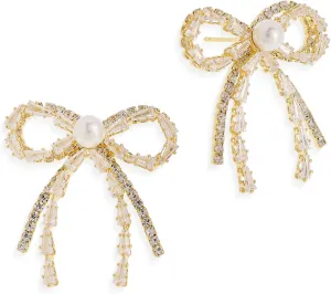Dainty Rhinestone Pearl Bow Stud Earrings for Woman, Statement Fashion 14K Gold Silver Cubic Zirconia Earing Bridal Wedding Prom Jewelry Gift