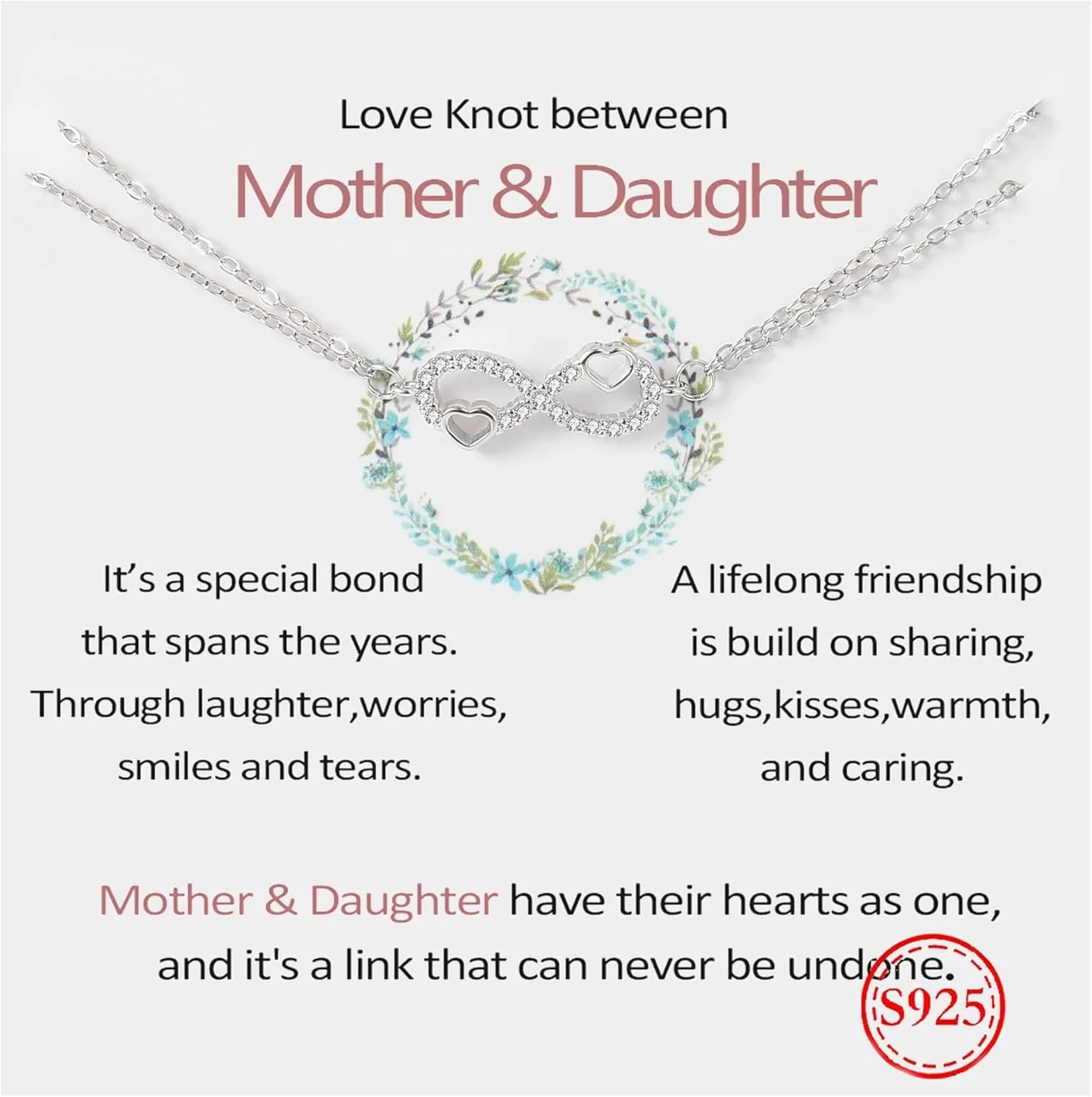 Daughter Bracelets from Mom,925 Sterling Silver Infinity Bracelet for Daughter from Dad, Mother Daughter Bracelets with Message Card, Birthday Gift, Gift for Chrismas Mother's Day