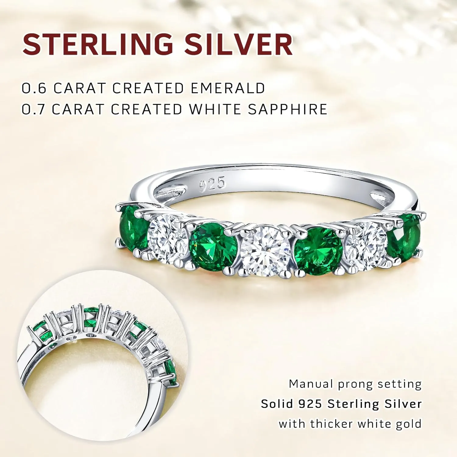 DAYBYDAY 925 Sterling Silver Birthstone Rings for Women White Sapphire Created Gemstone Wedding Band Stackable Half Eternity 7 Stone Anniversary Ring Wife Mom Grandma Birthday Jewelry Size 6-10