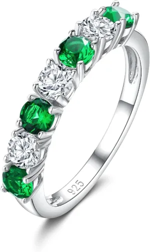 DAYBYDAY 925 Sterling Silver Birthstone Rings for Women White Sapphire Created Gemstone Wedding Band Stackable Half Eternity 7 Stone Anniversary Ring Wife Mom Grandma Birthday Jewelry Size 6-10