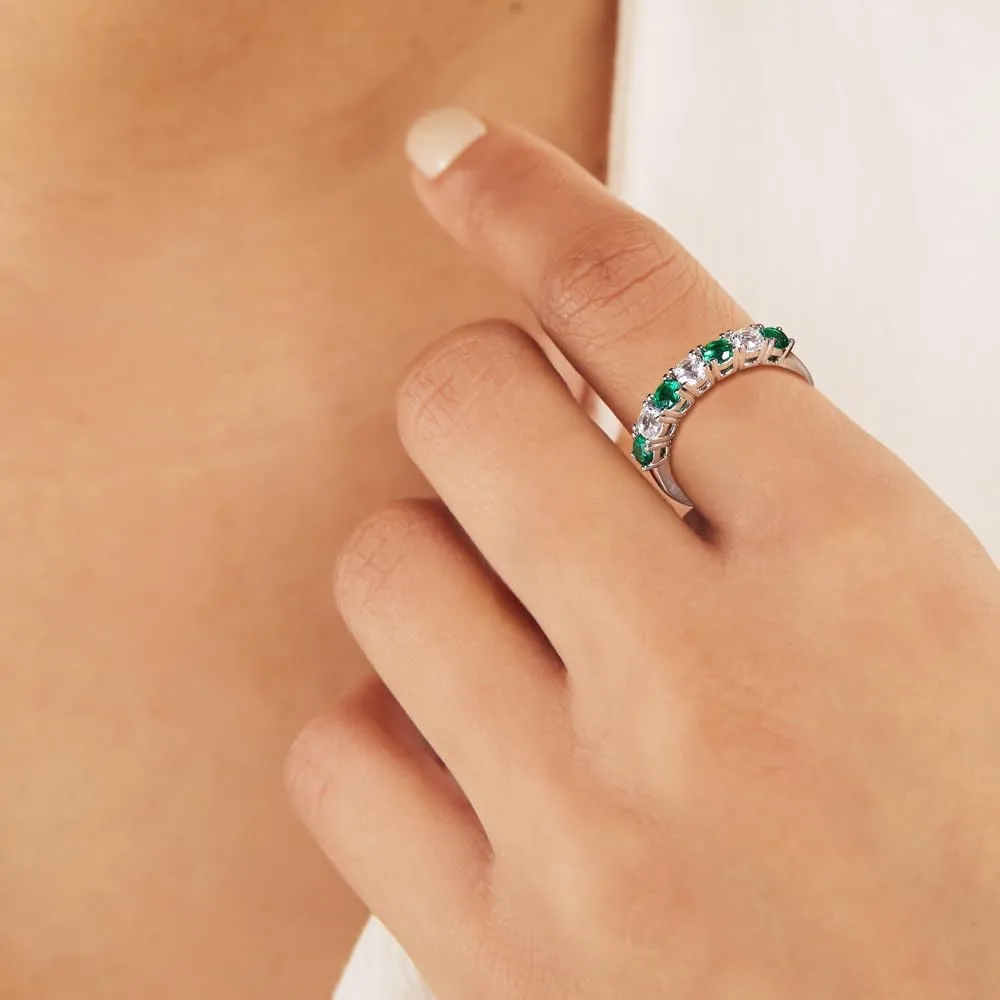 DAYBYDAY 925 Sterling Silver Birthstone Rings for Women White Sapphire Created Gemstone Wedding Band Stackable Half Eternity 7 Stone Anniversary Ring Wife Mom Grandma Birthday Jewelry Size 6-10