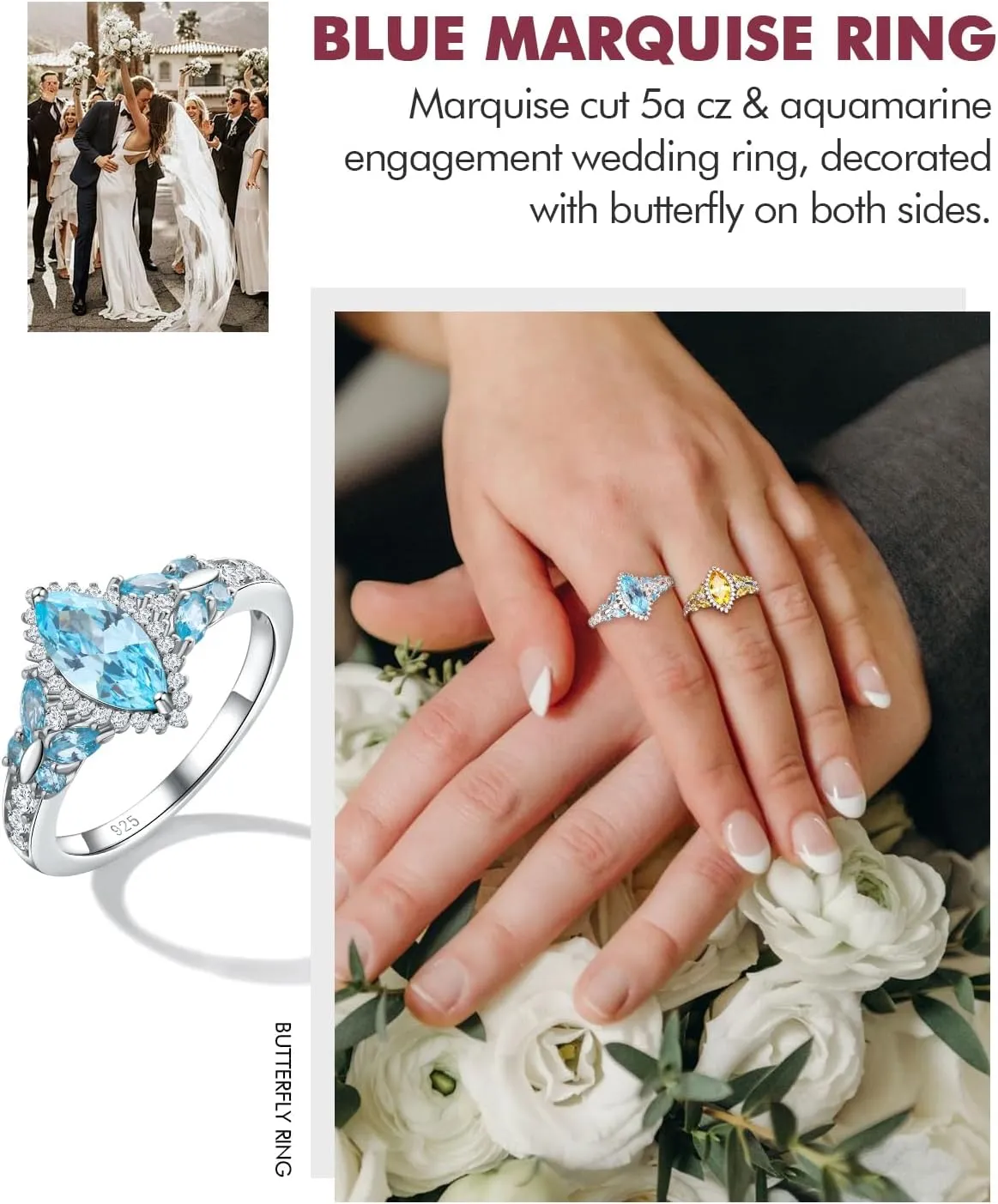 DAYBYDAY Butterfly Birthstone Rings for Women, 925 Sterling Silver Created Gemstone 5A Cubic Zirconia Cushion/Marquise Engagement Ring, 2ct Halo Promise Rings for Her Anniversary Wedding Jewerly