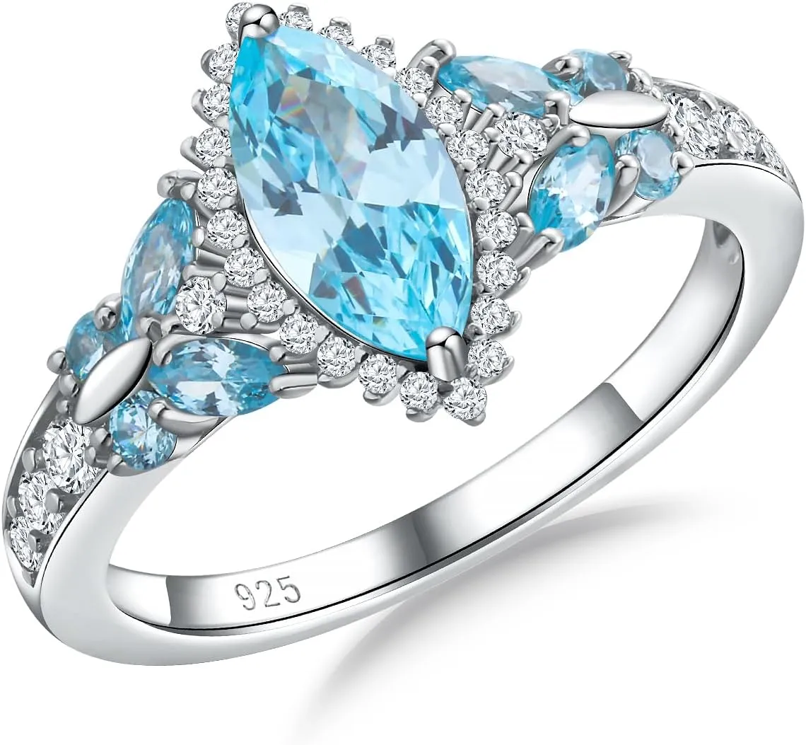 DAYBYDAY Butterfly Birthstone Rings for Women, 925 Sterling Silver Created Gemstone 5A Cubic Zirconia Cushion/Marquise Engagement Ring, 2ct Halo Promise Rings for Her Anniversary Wedding Jewerly
