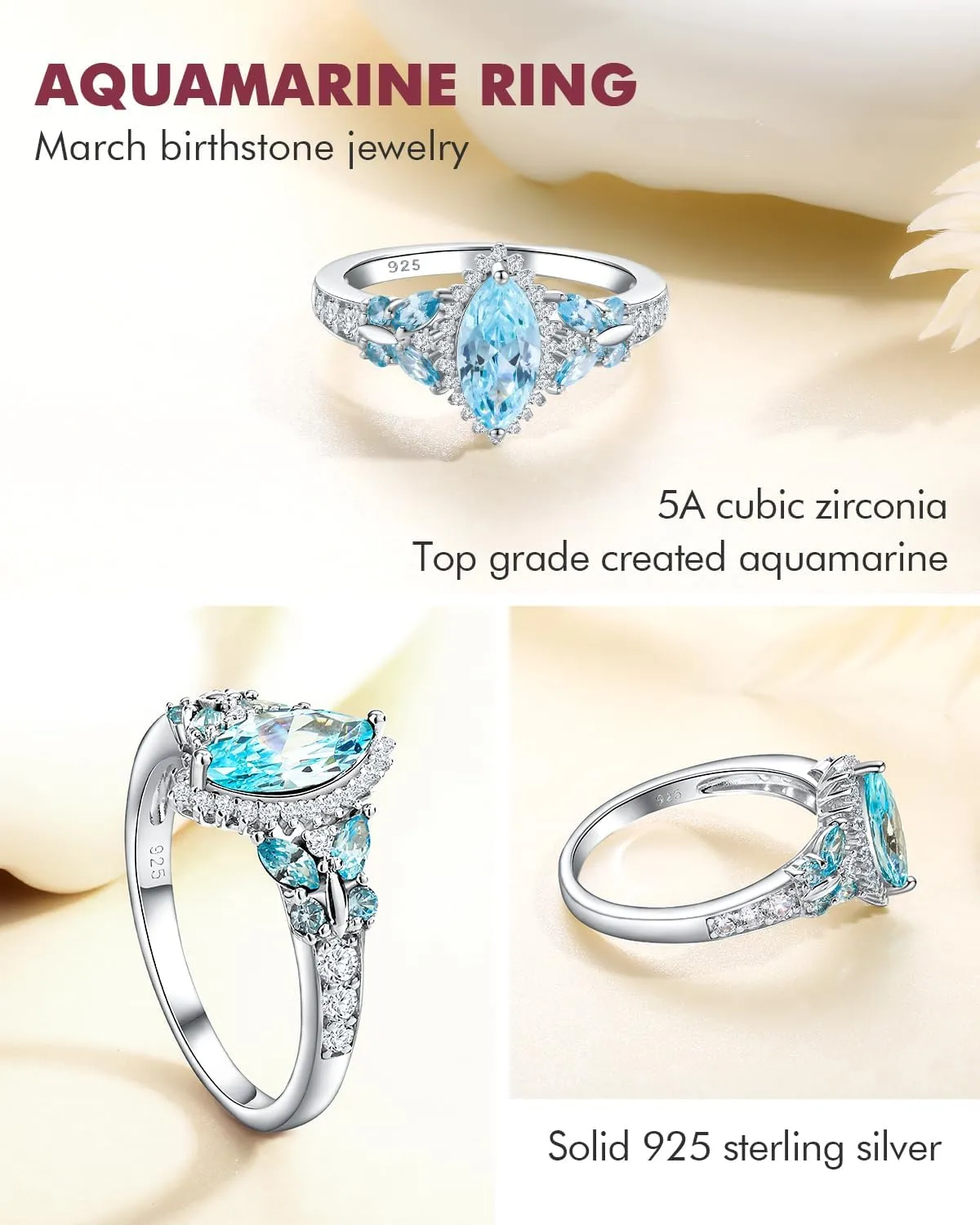 DAYBYDAY Butterfly Birthstone Rings for Women, 925 Sterling Silver Created Gemstone 5A Cubic Zirconia Cushion/Marquise Engagement Ring, 2ct Halo Promise Rings for Her Anniversary Wedding Jewerly