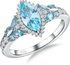 DAYBYDAY Butterfly Birthstone Rings for Women, 925 Sterling Silver Created Gemstone 5A Cubic Zirconia Cushion/Marquise Engagement Ring, 2ct Halo Promise Rings for Her Anniversary Wedding Jewerly
