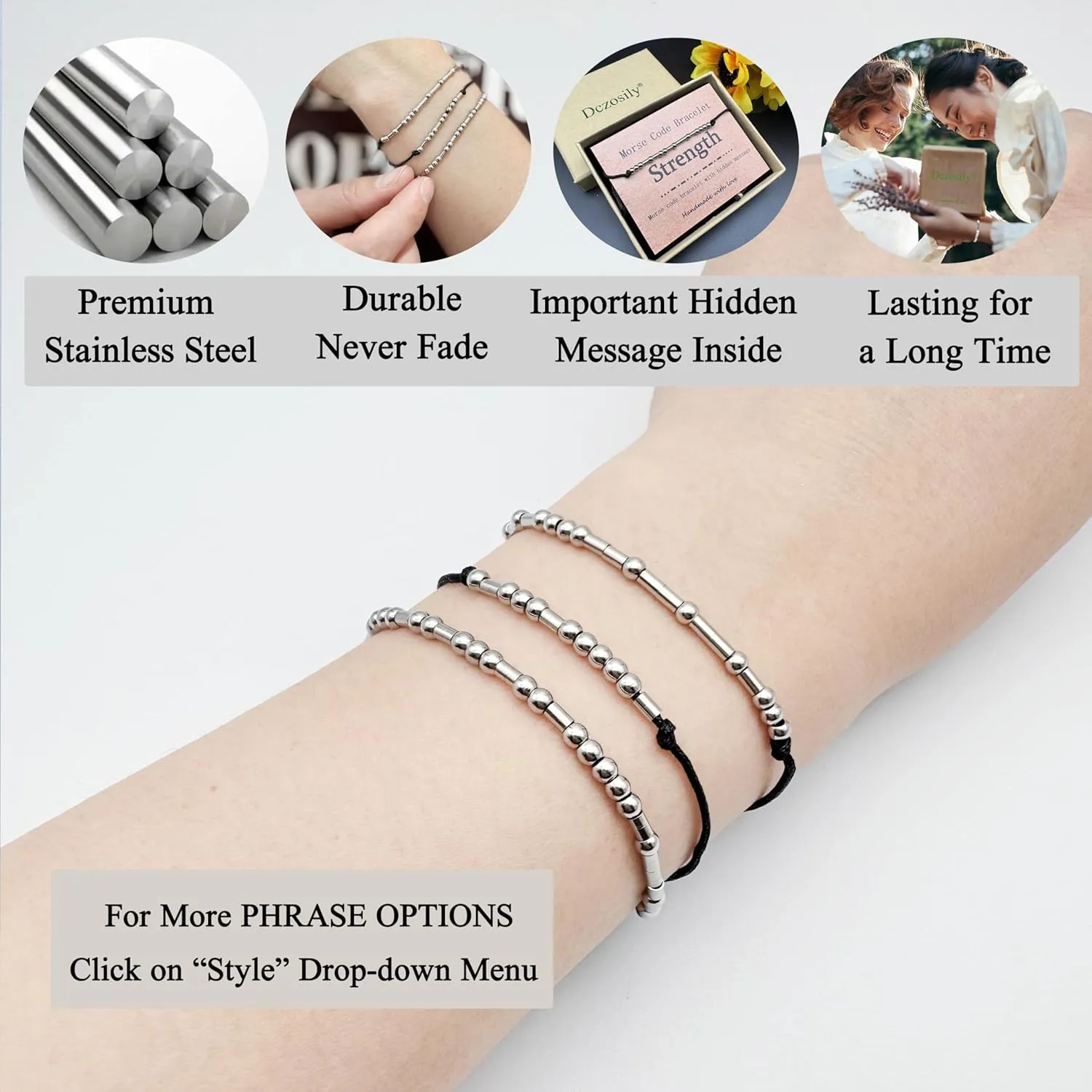 Dczosily Inspirational Morse Code Bracelets for Women Stainless Steel Jewelry Personalized Gifts for Best Friend Daughter Sister Friendship Adjustable String Beaded Bangles