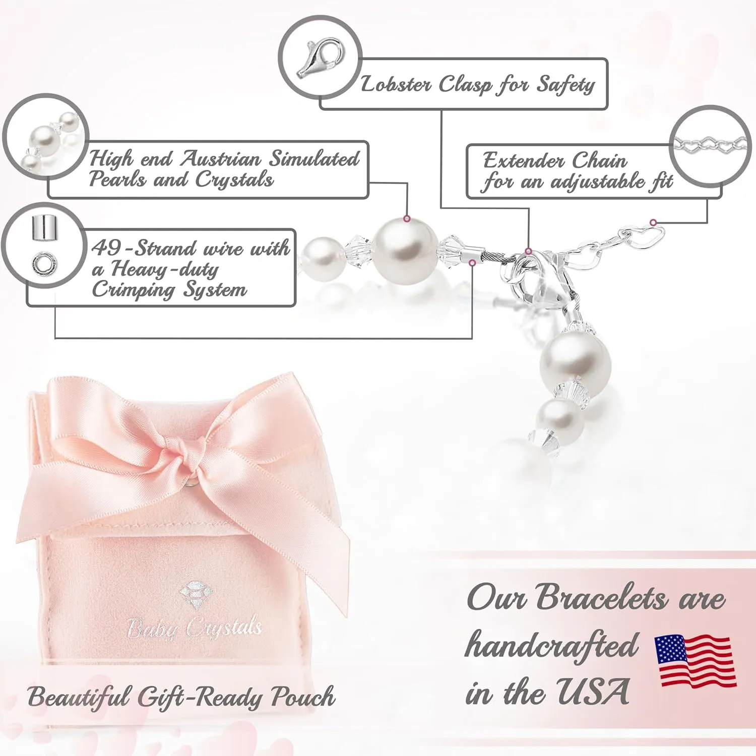 Delicate Sterling Silver Bracelets for Girls with High End White European Simulated Pearls, Elegant Girls Jewelry, Pearl Bracelet for Birthday Gifts Flower Girls