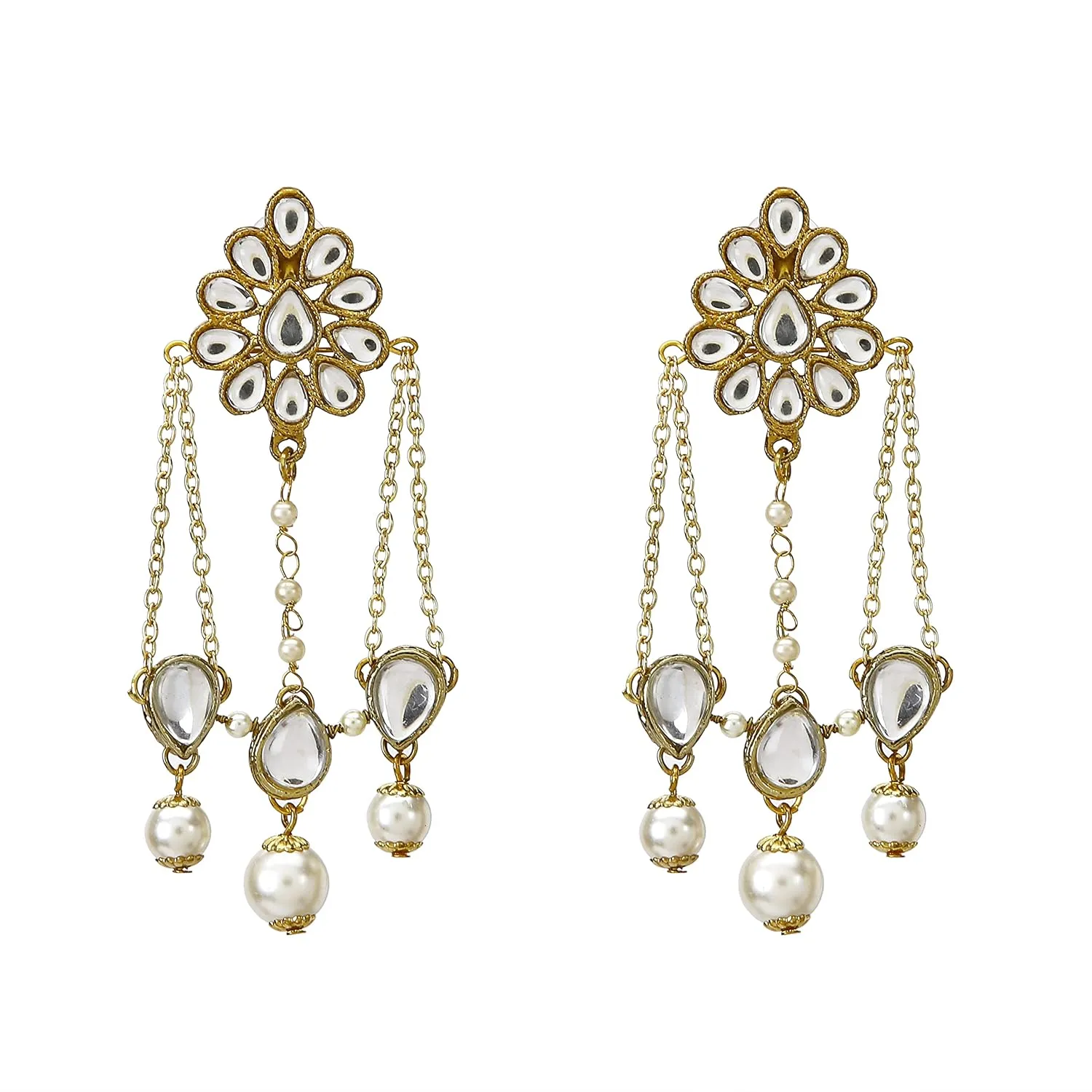 Designer Kundan Multi Chain Drop Pearl Earrings Bollywood Style Traditional Ethnic Handmade Kundan Earrings For Women Desiner Stylish Kundan Statement Jewelry For Ethnic Attire