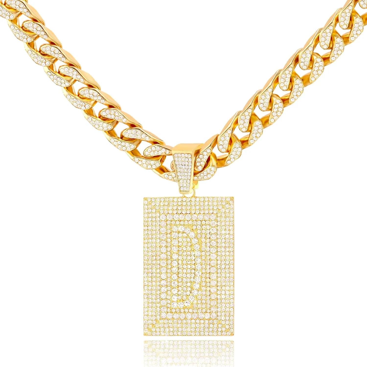 Diamond Prong Cuban Chain Necklace, Square Cursive Silver Initial Necklace for Women, Cuban Link Chain for Women Hip Hop Iced Out Chain Necklaces Jewelry