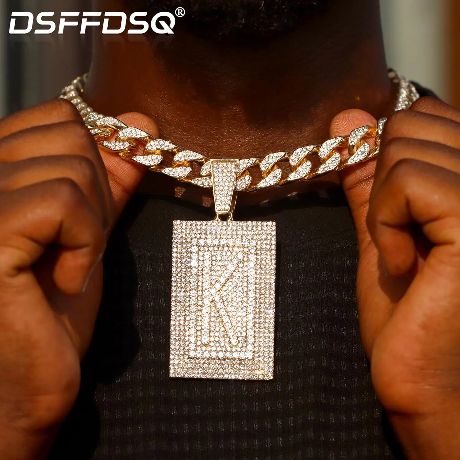 Diamond Prong Cuban Chain Necklace, Square Cursive Silver Initial Necklace for Women, Cuban Link Chain for Women Hip Hop Iced Out Chain Necklaces Jewelry