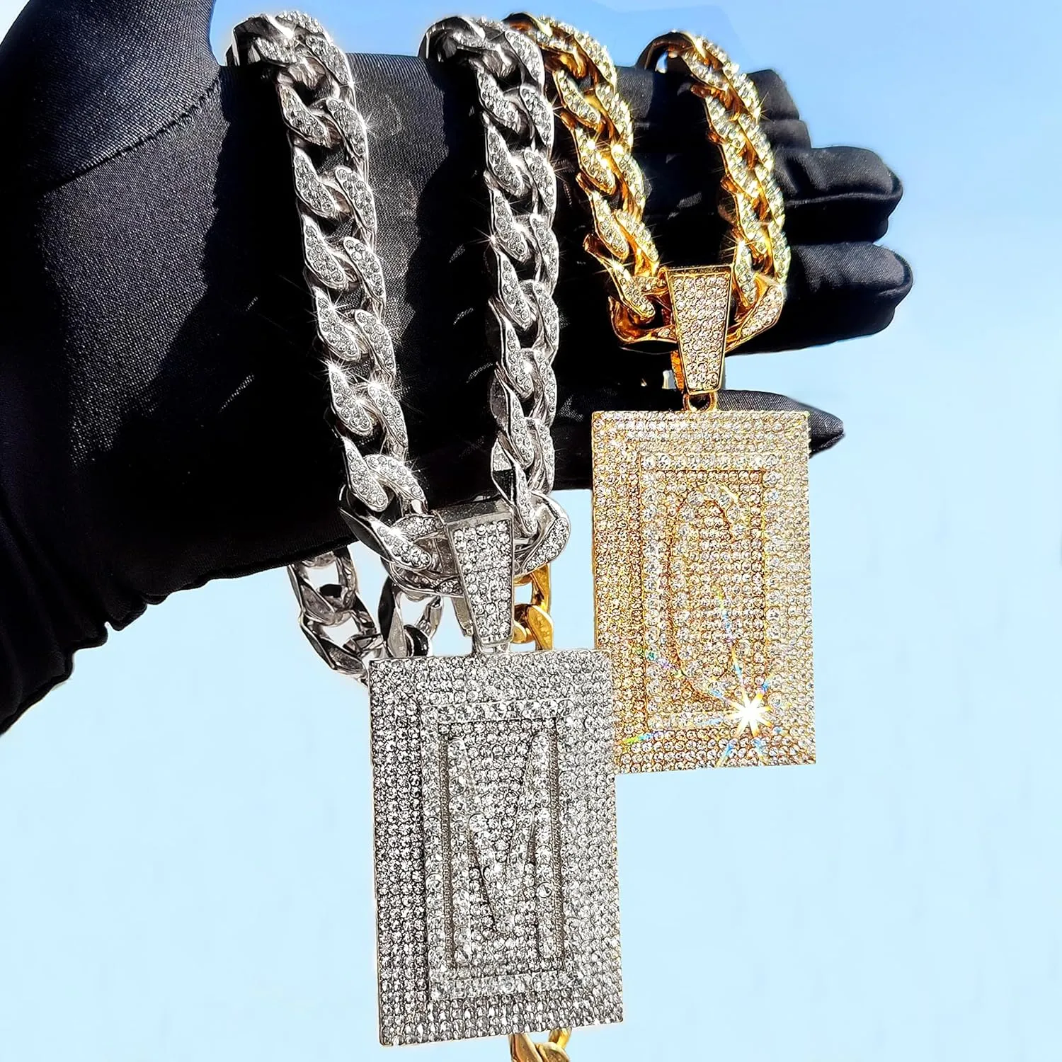 Diamond Prong Cuban Chain Necklace, Square Cursive Silver Initial Necklace for Women, Cuban Link Chain for Women Hip Hop Iced Out Chain Necklaces Jewelry