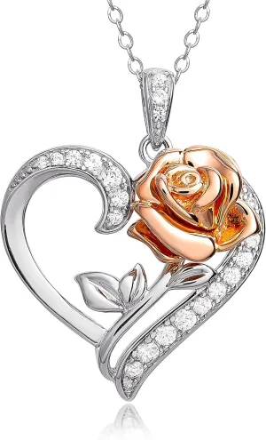 Disney Women's Sterling Silver Necklace Collection  Featuring Princess Tiara, Beauty and the Beast Rose, and 3D Tinkerbell Pendants, Officially Licensed