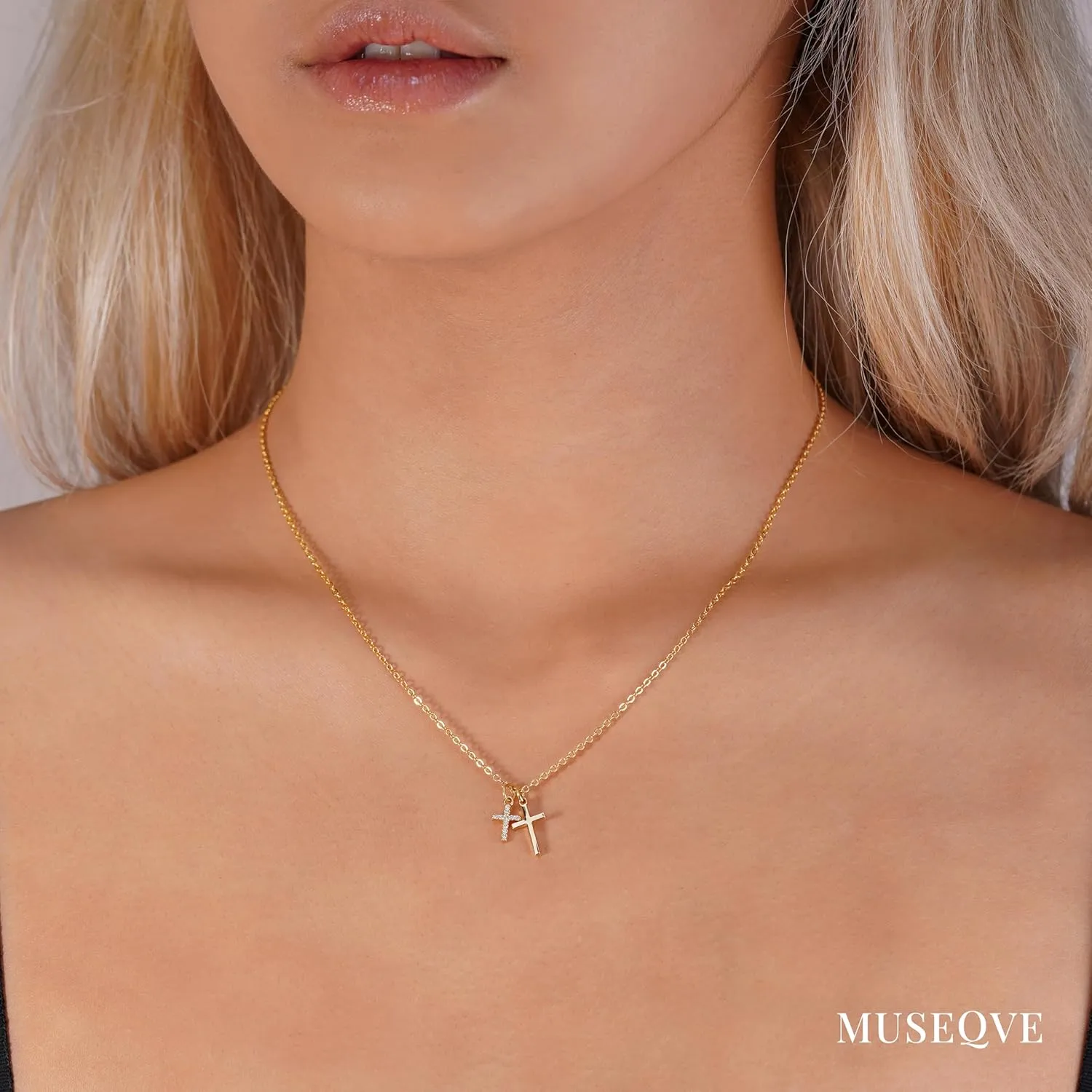 Double Cross Pendant Necklace for Women 14K Gold/Silver Plated Dainty CZ Diamond 2 Cross Charm Choker Delicate Faith Jewelry Religious Gifts [MXN]