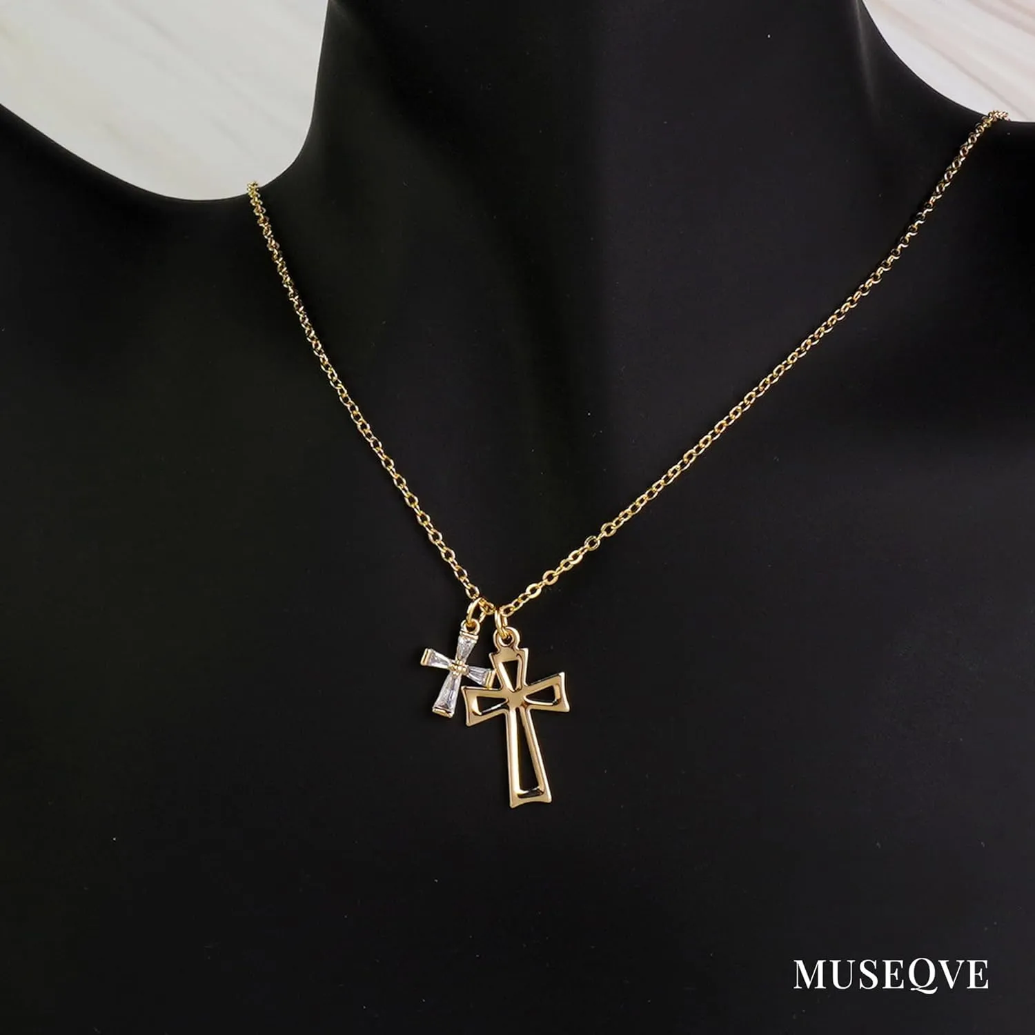 Double Cross Pendant Necklace for Women 14K Gold/Silver Plated Dainty CZ Diamond 2 Cross Charm Choker Delicate Faith Jewelry Religious Gifts [MXN]