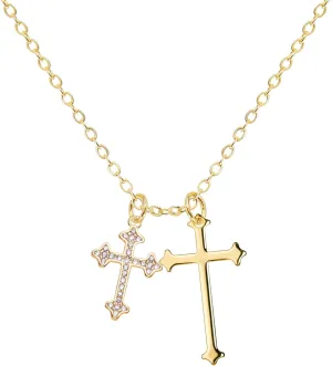 Double Cross Pendant Necklace for Women 14K Gold/Silver Plated Dainty CZ Diamond 2 Cross Charm Choker Delicate Faith Jewelry Religious Gifts [MXN]