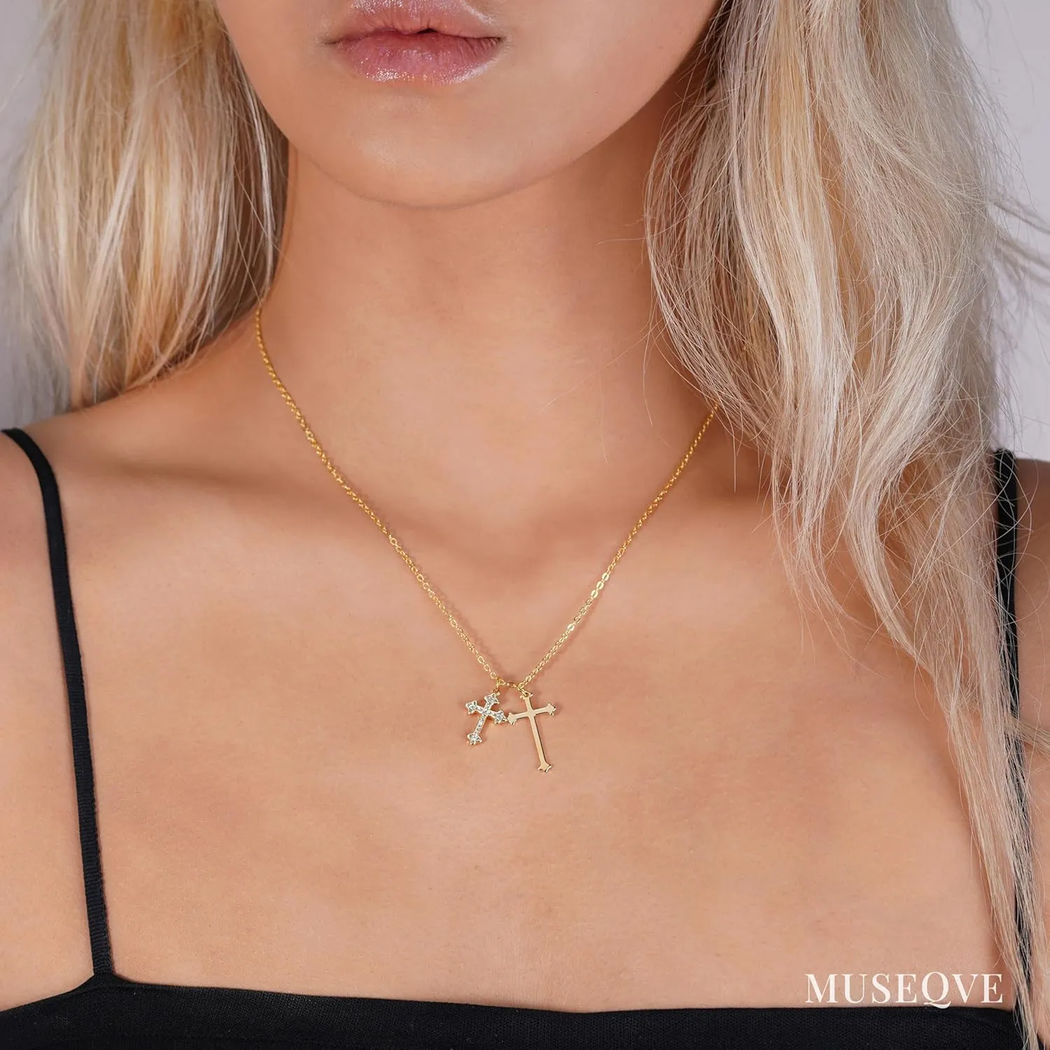Double Cross Pendant Necklace for Women 14K Gold/Silver Plated Dainty CZ Diamond 2 Cross Charm Choker Delicate Faith Jewelry Religious Gifts [MXN]