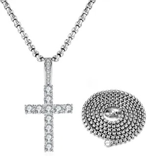 Double Fair Silver Cross Chain for Men Iced Out 5A  Cubic Zirconia Diamond Cross Pendant Necklace for Boy Stainless Steel Box Chains 182024 Inch Simple Jewelry Gifts
