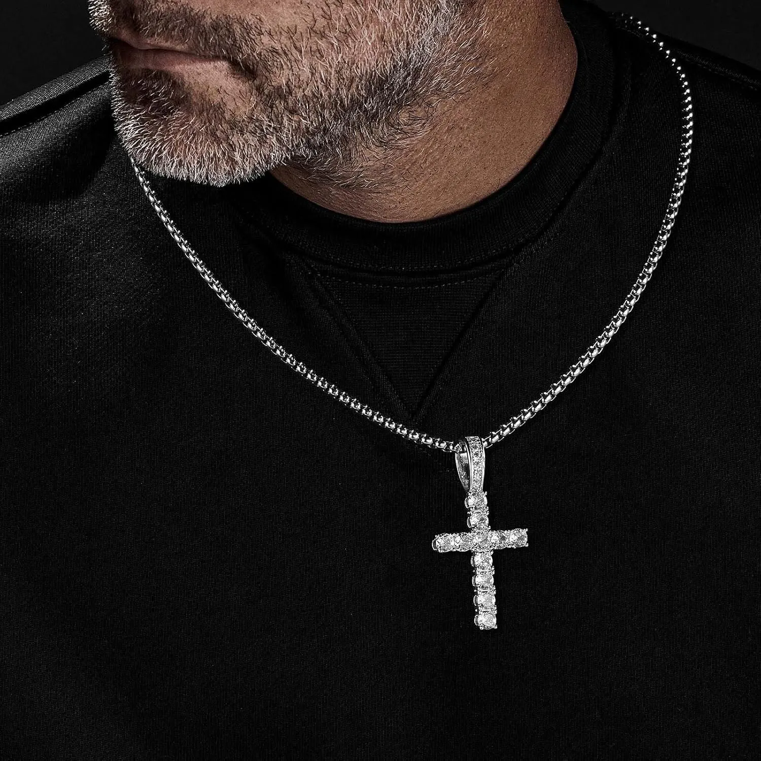 Double Fair Silver Cross Chain for Men Iced Out 5A  Cubic Zirconia Diamond Cross Pendant Necklace for Boy Stainless Steel Box Chains 182024 Inch Simple Jewelry Gifts