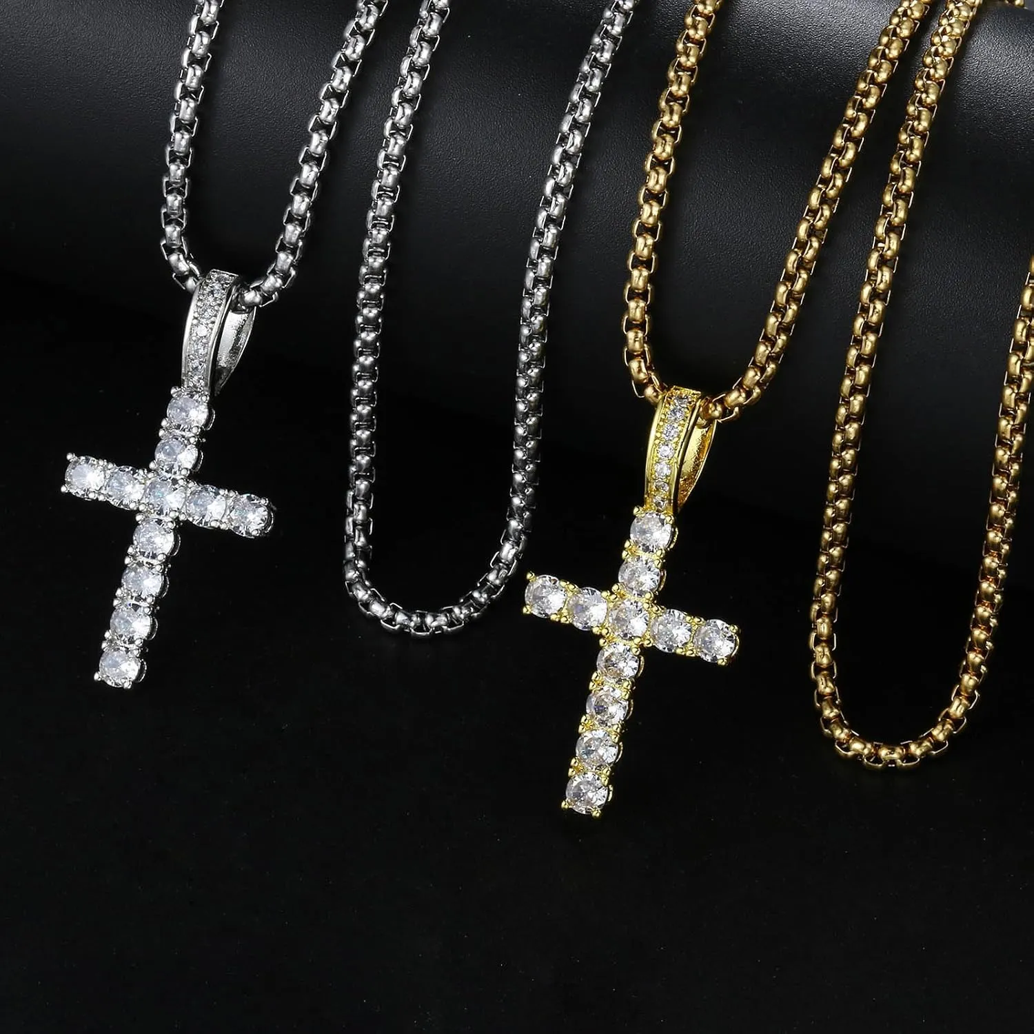Double Fair Silver Cross Chain for Men Iced Out 5A  Cubic Zirconia Diamond Cross Pendant Necklace for Boy Stainless Steel Box Chains 182024 Inch Simple Jewelry Gifts