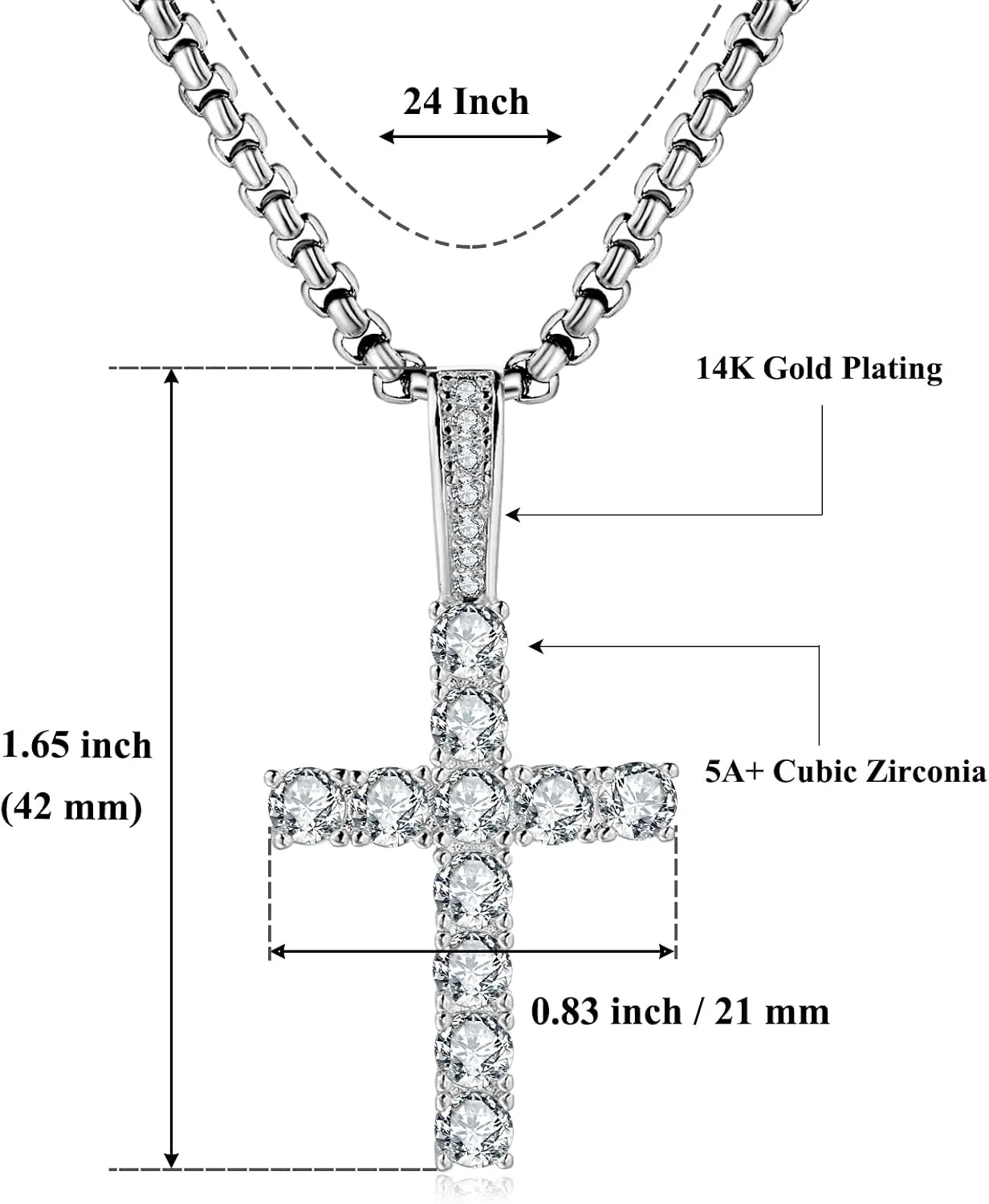 Double Fair Silver Cross Chain for Men Iced Out 5A  Cubic Zirconia Diamond Cross Pendant Necklace for Boy Stainless Steel Box Chains 182024 Inch Simple Jewelry Gifts