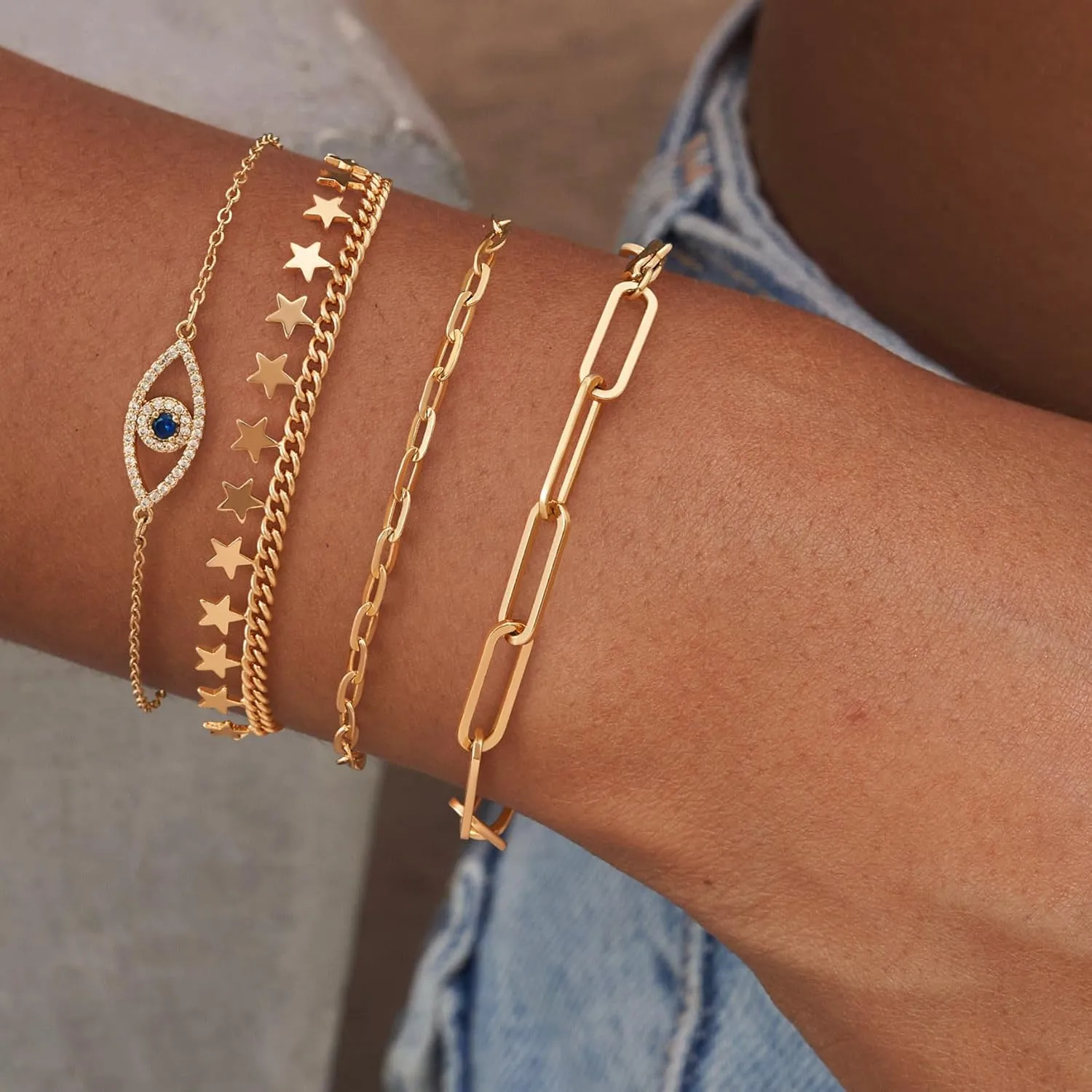 Dremmy Studios Gold Bracelet for Women 18K Gold Plated Dainty Paperclip Cubic Zirconia Disc Coin Star Cable Satellite Bead Pearl Simple Boho Minimalist Stacking Layered Link Jewelry Gift