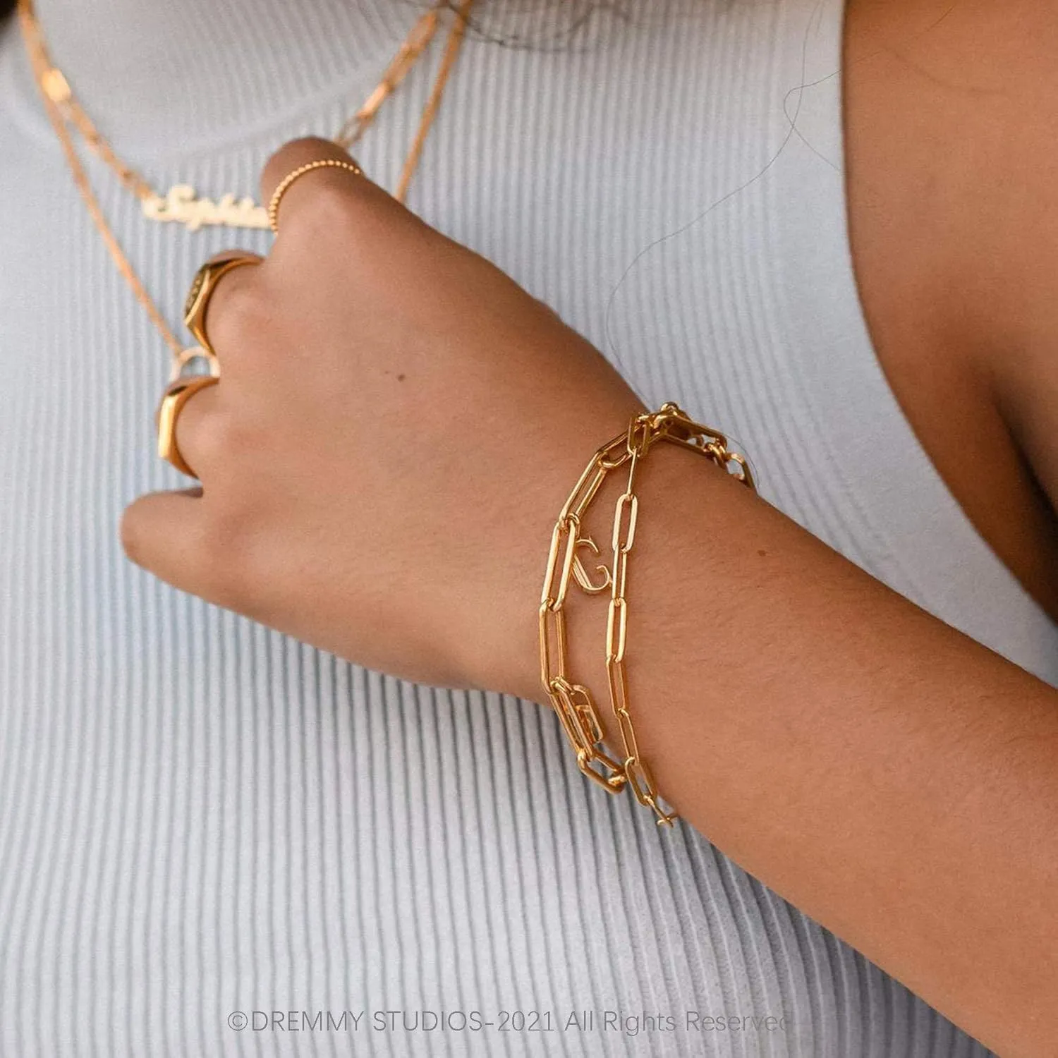 Dremmy Studios Gold Bracelet for Women 18K Gold Plated Dainty Paperclip Cubic Zirconia Disc Coin Star Cable Satellite Bead Pearl Simple Boho Minimalist Stacking Layered Link Jewelry Gift