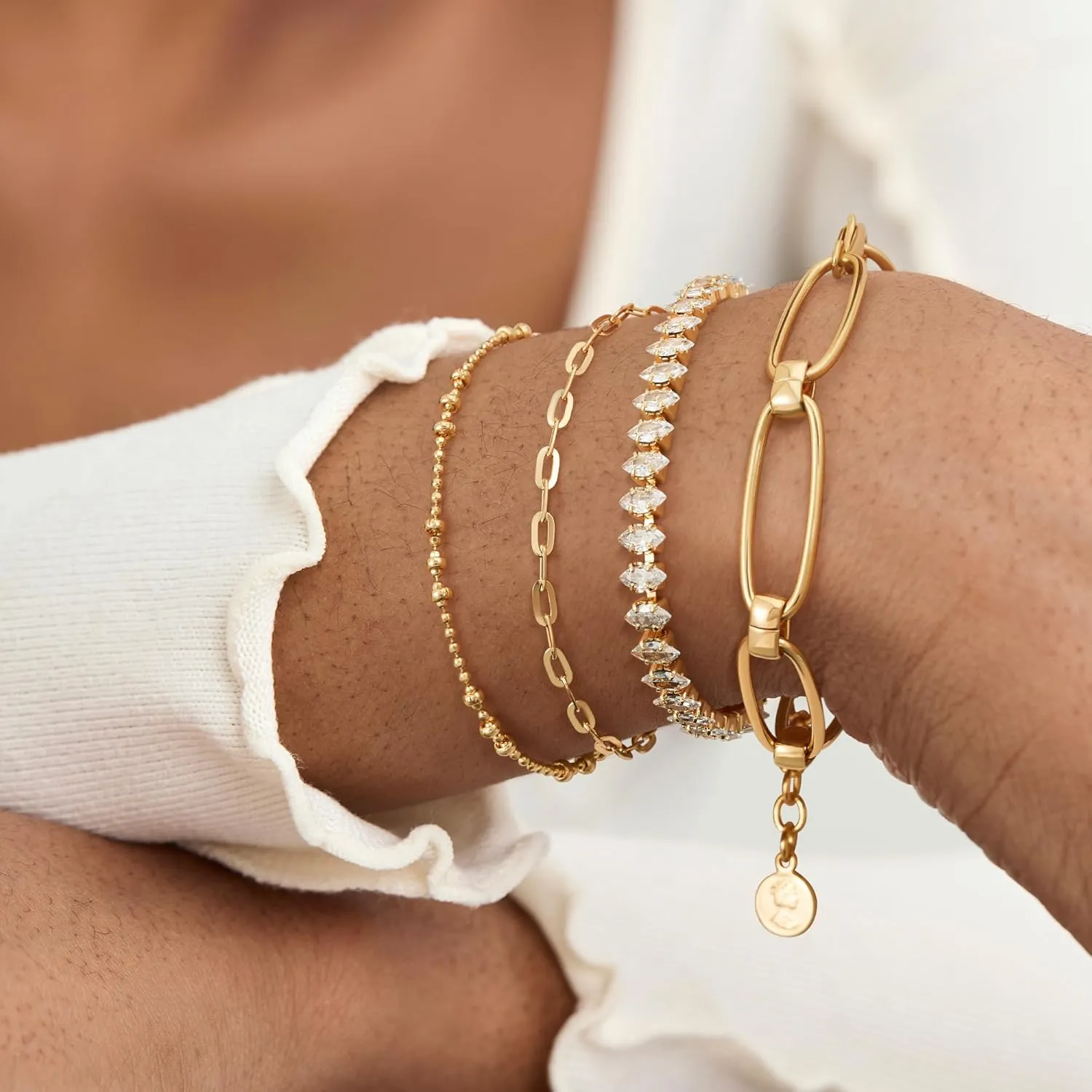 Dremmy Studios Gold Bracelet for Women 18K Gold Plated Dainty Paperclip Cubic Zirconia Disc Coin Star Cable Satellite Bead Pearl Simple Boho Minimalist Stacking Layered Link Jewelry Gift