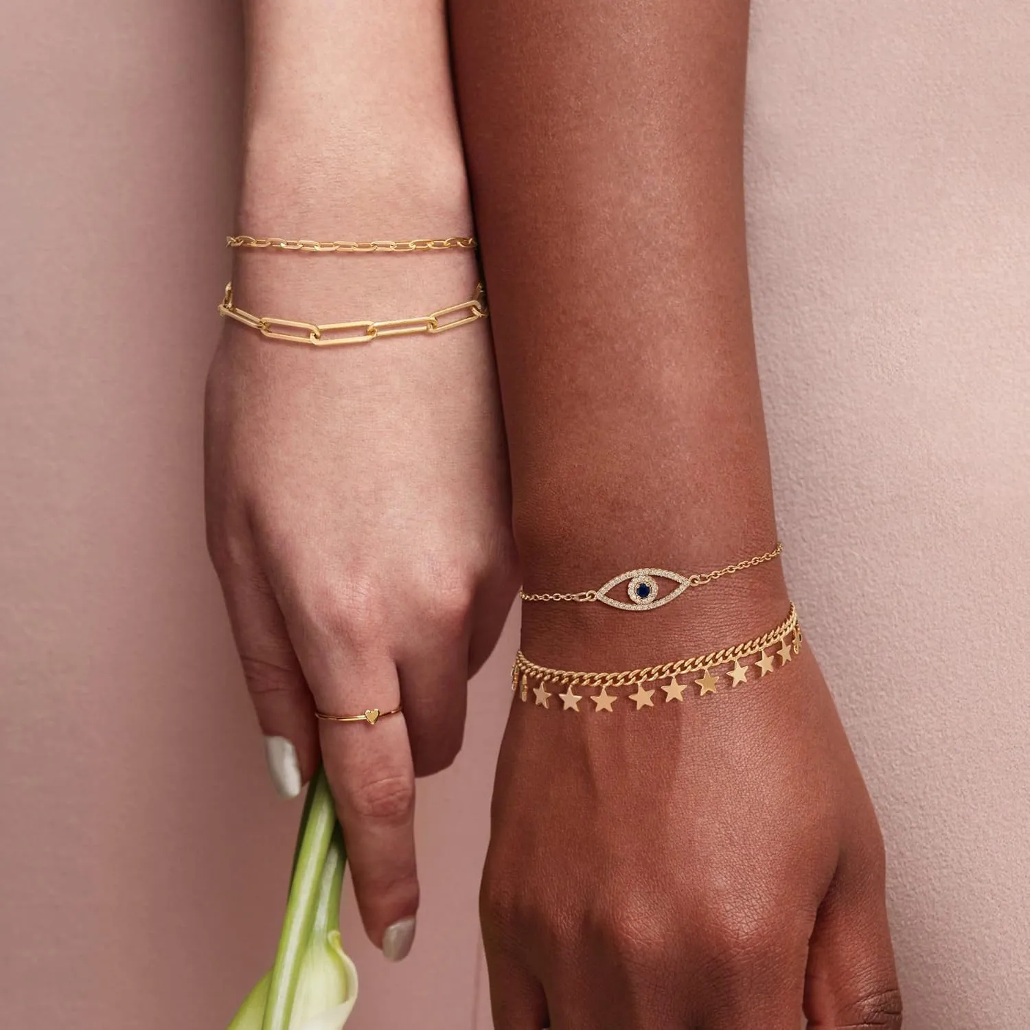 Dremmy Studios Gold Bracelet for Women 18K Gold Plated Dainty Paperclip Cubic Zirconia Disc Coin Star Cable Satellite Bead Pearl Simple Boho Minimalist Stacking Layered Link Jewelry Gift