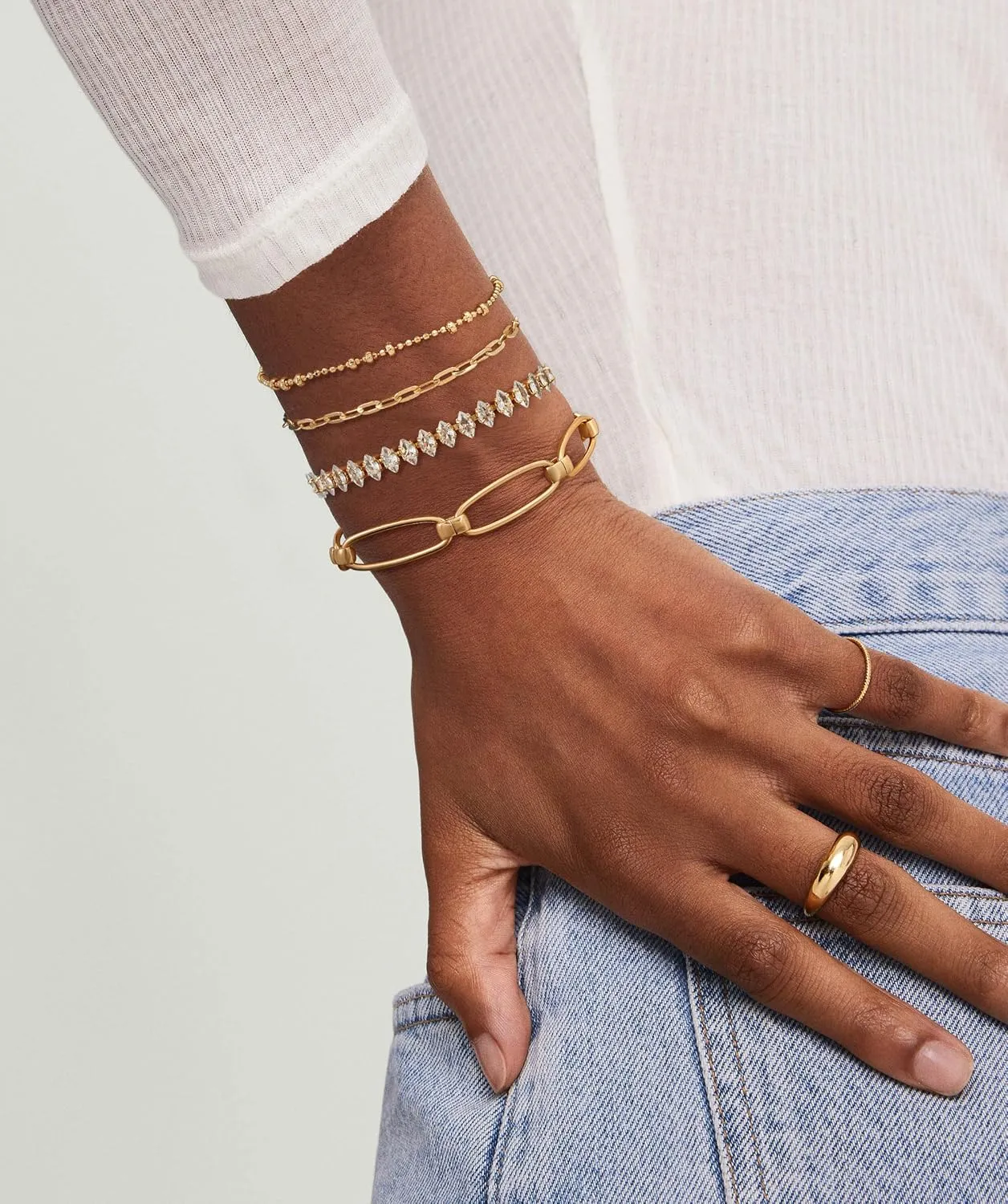 Dremmy Studios Gold Bracelet for Women 18K Gold Plated Dainty Paperclip Cubic Zirconia Disc Coin Star Cable Satellite Bead Pearl Simple Boho Minimalist Stacking Layered Link Jewelry Gift