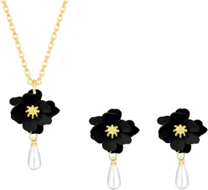 Dreuyet Bohemian Pearl Matte Flower Earring And Necklace Set For Women Elegant Layered Tiered Floral Petal Pearl Drop Dangle Earrings Charming Daisy Flower With White Pearls Earring Summer Holiday Wedding Jewelry
