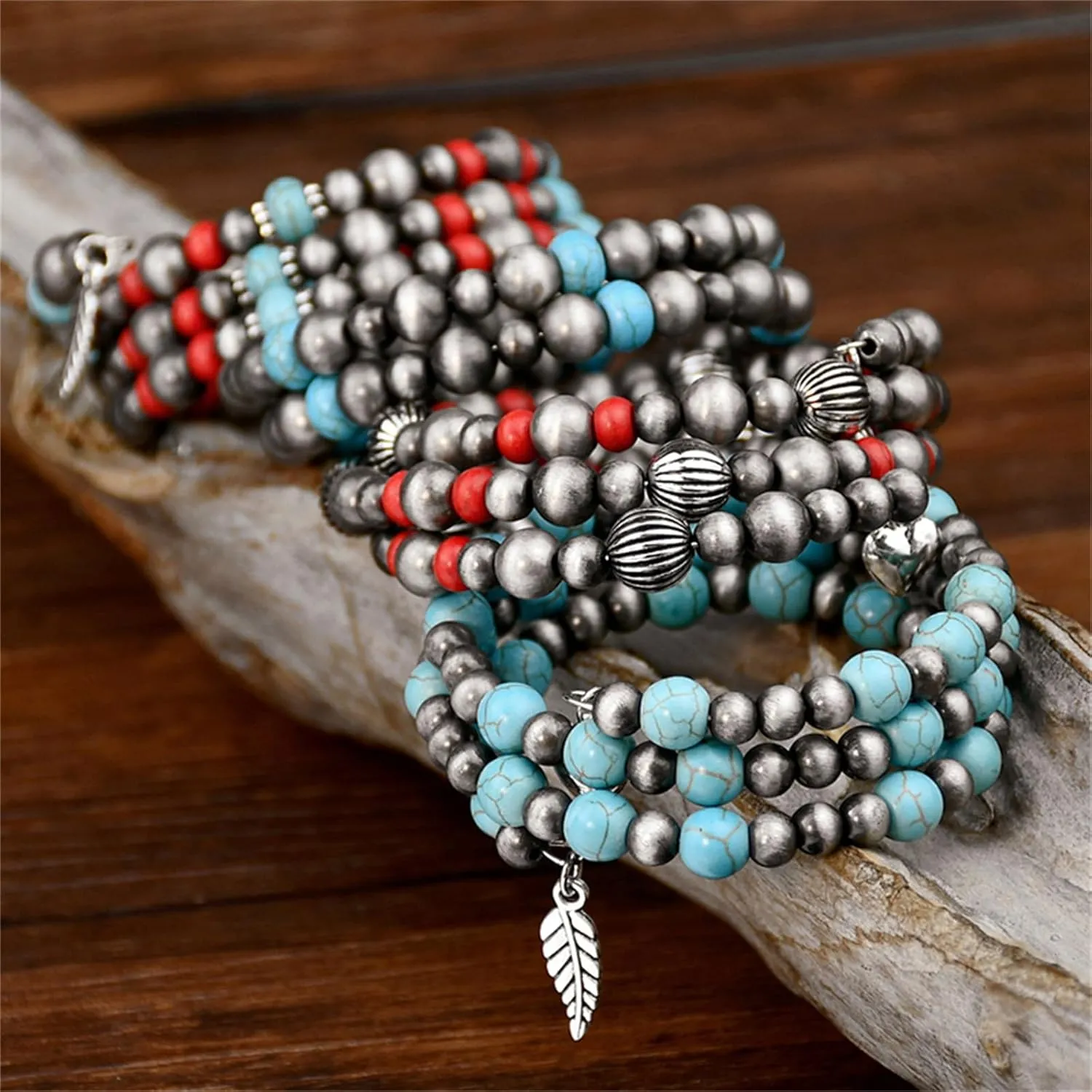 Dreuyet Navajo Pearl Bracelet Western Turquoise Jewelry for Men Women Vintage Multilayered Beaded Pearl Stackable Stretch Strand Layered Bracelets Bohemian Jewelry