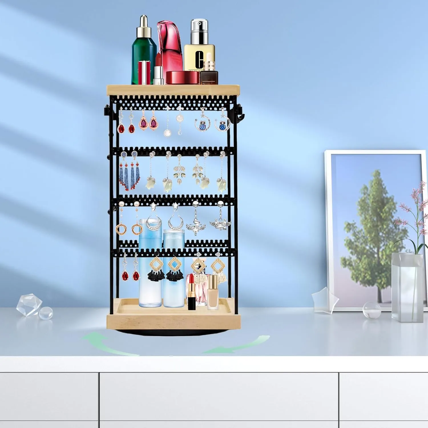 Earring Holder Organizer 4 Tier, 360Rotating Jewelry Stand for Earrings, Rings, Necklaces,Bracelets, Stylish Jewelry Organizer Stand for Home Store Use, Earring Holder for Girl, Christmas Gift(Black)