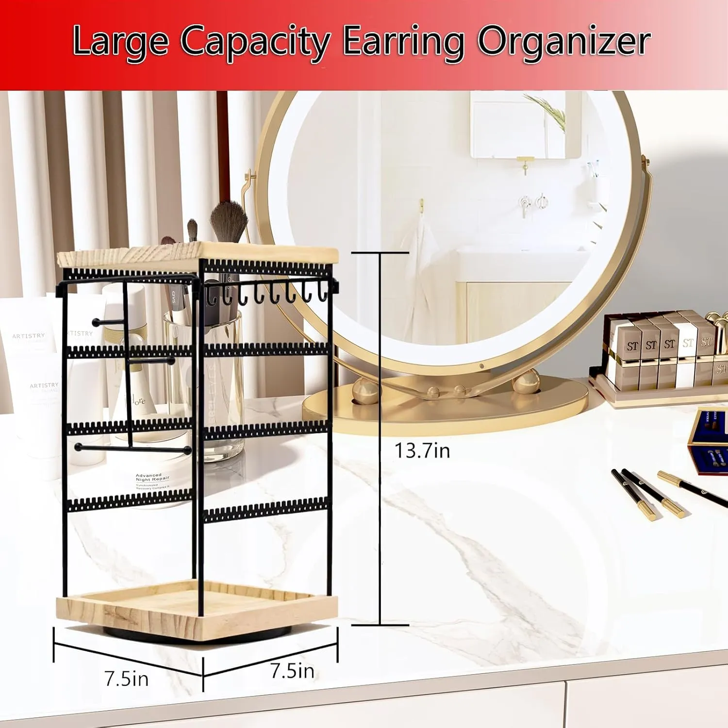 Earring Holder Organizer 4 Tier, 360Rotating Jewelry Stand for Earrings, Rings, Necklaces,Bracelets, Stylish Jewelry Organizer Stand for Home Store Use, Earring Holder for Girl, Christmas Gift(Black)