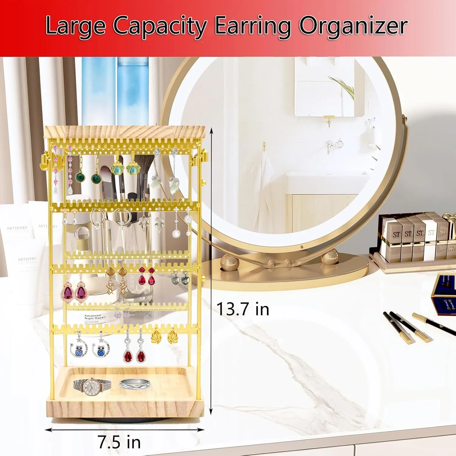 Earring Holder Organizer 4 Tier, 360Rotating Jewelry Stand for Earrings, Rings, Necklaces,Bracelets, Stylish Jewelry Organizer Stand for Home Store Use, Earring Holder for Girl, Christmas Gift(Gold)
