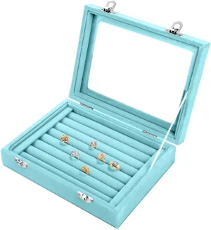Earring Storage 7 Slots Velvet Jewelry Tray for Drawers Glass Clear Lid Showcase Display Ring Organizer Earring Ring Trays Holder Cufflink Showcase (Light Blue)