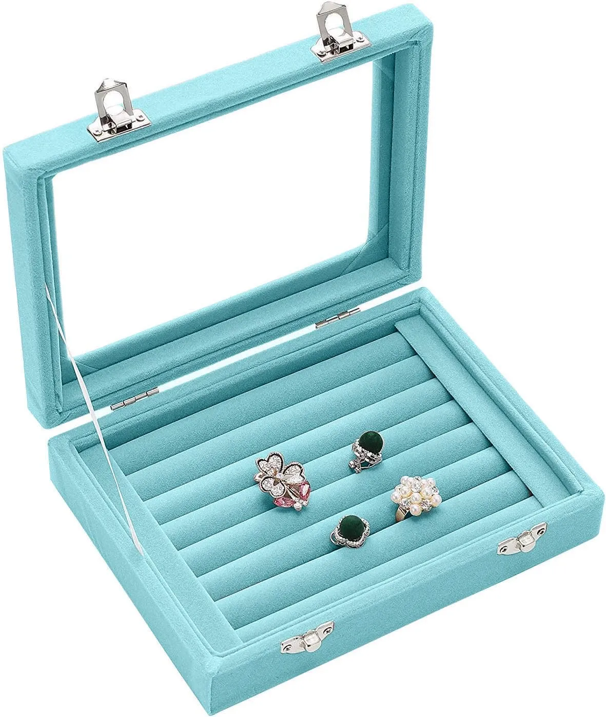 Earring Storage 7 Slots Velvet Jewelry Tray for Drawers Glass Clear Lid Showcase Display Ring Organizer Earring Ring Trays Holder Cufflink Showcase (Light Blue)