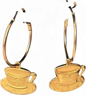 Earrings Darling Gold Raw Brass Tea Cup Hoop Earrings Cup Of Joe Coffee Tea Or Me? Vintage Metal Tone Dangle Drop Lightweight Geometric Hoop Jewelry With Crystal Accents Minimalist