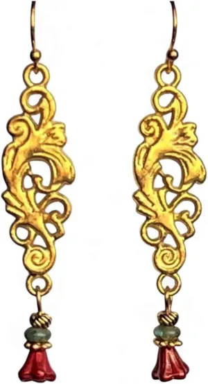 Earrings Etched Goldred Glass Flower Earrings Vintage Metal Tone Dangle Drop Lightweight Geometric Hoop Jewelry With Crystal Accents Minimalist For Everyday or Party